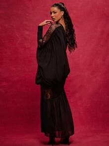 NYA SZN Dress Asymmetrical Off The Shoulder Long Sleeve Loose Bubble Hem Lace Black Flowy Date Modest Luxury Maxi Lenght Outfits For Women - Black - View 1
