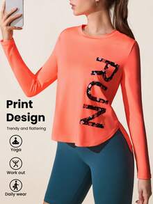 SHEIN Sports 女士极简印花圆领长袖运动上衣 - 橘色 - 查看 1