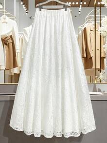 GlowEve CURVE Plus Size Elegant Commuter Simple Solid Color Lace A-Line Skirt - White - View 2