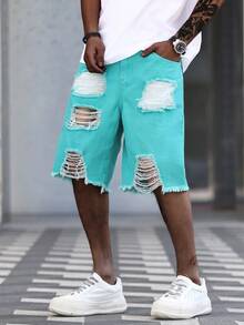 Manfinity Roughcore Celana Pendek Denim Pria Kasual dengan Efek Lusuh dan Pudar, Celana Pendek Biru Tosca Sobek dan Berumbai, Pakaian Jalanan Musim Panas, Celana Pendek Biru Tosca untuk Pria - Hijau - View 5