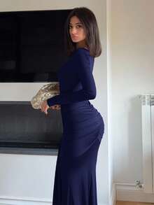 Ronhire Gaun Wanita Model Terbaru, Warna Polos, Pas Badan, Lengan Panjang, Elegan - Navy Blue - View 5