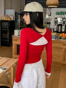 DAZY 女士扭结镂空长袖T恤，修身短款上衣 - 紅色 - 查看 2