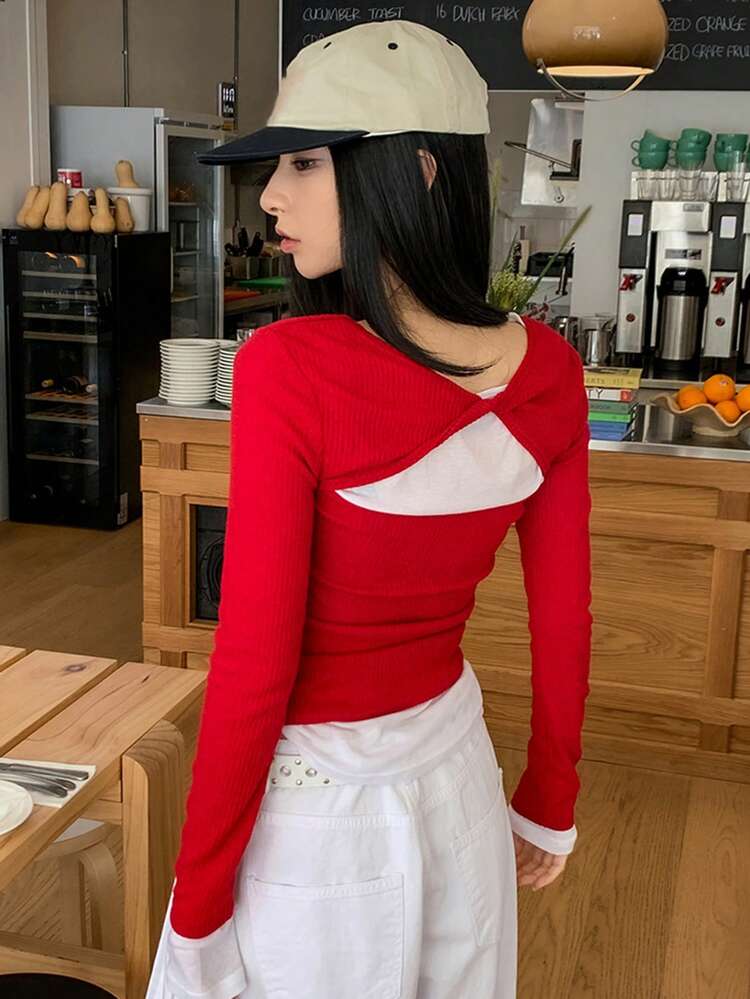 Women's Twist Hollow Out Long Sleeve T-Shirt, Fitted Slim Cropped Top