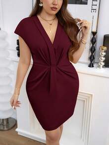 SHEIN Clasi Plus Size Women V-Neck Cap Sleeve Elegant Sheath Dress - Maroon - View 3