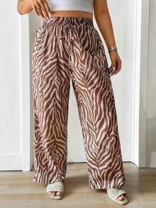 Lounesse 大码女式棕色斑马纹印花休闲裤，时尚通勤裤，百搭日常穿着，2026春夏新款 - 摩卡棕 - 查看 1