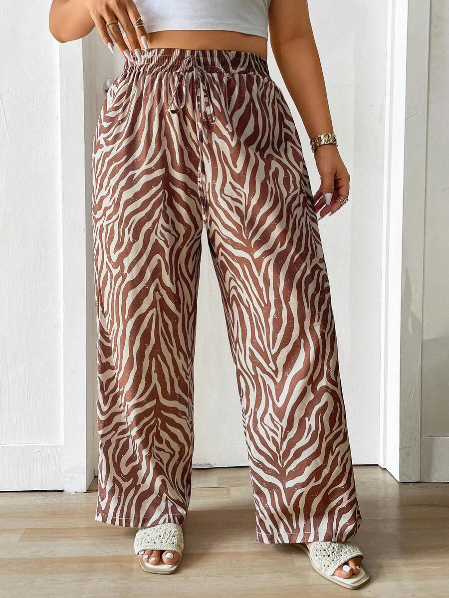 Lounesse 大码女式棕色斑马纹印花休闲裤，时尚通勤裤，百搭日常穿着，2026春夏新款 - 摩卡棕 - 查看 1