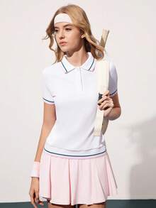 Gameset SHEIN Sport Camisa polo feminina de manga curta com estampa listrada em blocos de cores - Branco - Ver 3