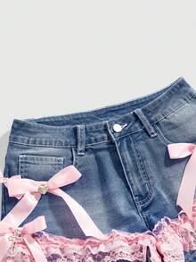 ROMWE Grunge Punk 性感低腰十字架吊坠蕾丝蝴蝶结可爱暗黑街头风蓝/黑色迷你牛仔短裤（女款） - 粉色 - 查看 4