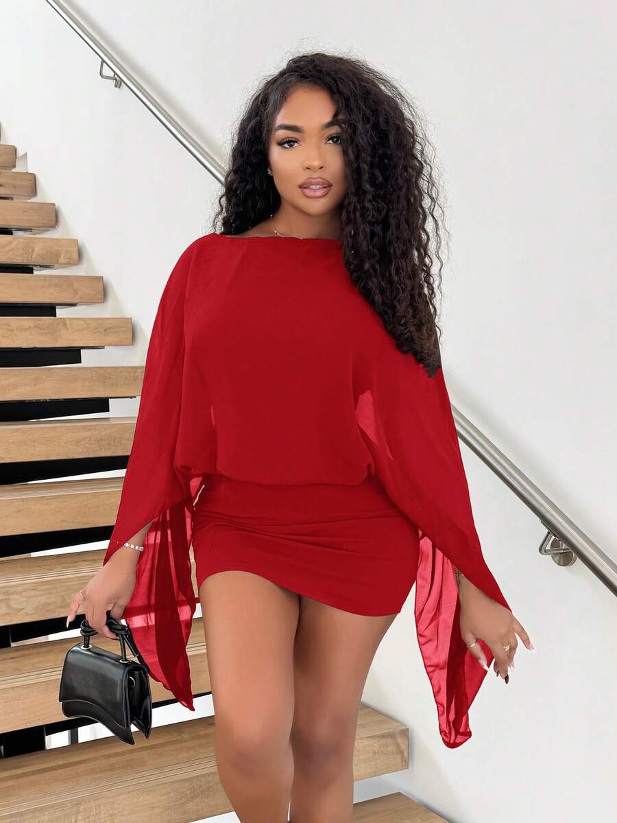 Alexandranx Vestido mini de cuello de barco con mangas, de estilo bohemio, elegante y sexy, ideal para vacaciones, verano, festivales, fiestas, Navidad y Año Nuevo - Rojo - Ver 1