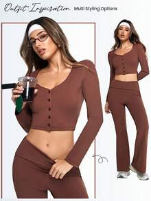 Gameset SHEIN Sport Brown Long Sleeve Button Crop Top & High Waist Flared Pants Two Piece Set,Yoga Lounge Athleisure Outfit,Women's Trending Workout Matching Set,Women's Ribbed Yoga Activewear Set, Fitted Long Sleeve Casual Top Paired With High Waist Flare Pants,Brown 2 Piece Set,Two Piece Pants Set,Athleisure Two Piece Set, Brown Workout Set - Brown - View 9