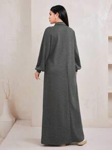 Veilorie 女士休闲纯色收腰长款卫衣连衣裙，适合秋冬季穿着 - 灰色 - 查看 2