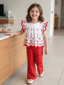 SHEIN 2pcs Girls Floral Fashionable Versatile Comfortable Ruffle Heart Shirt + Wide Leg Pants Set - Red - View 1
