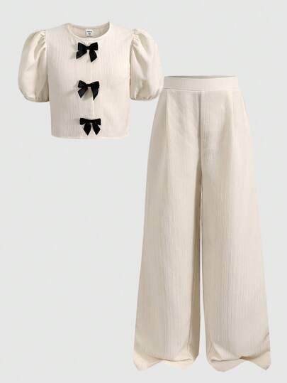 SHEIN Tween Girl Casual Street Style Colorblock Floral Bow Decor Textured Bubble Short Sleeve Woven Shirt Top And Wide Leg Straight Pants Set, Khaki