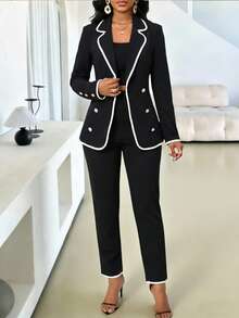 SHEIN Lady Women's Casual/Work Contrast Trim Notched Collar Double Breasted Blazer Jacket, Autumn - Black and White - View 1