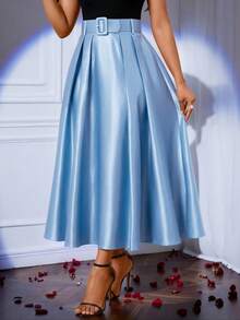 SHEIN Lady Women's Solid Color Elegant Pleated Skirt Weddings & Events Wedding Spring Summer Summer Clothes Summer Outfits Summer Summer Clothes Spring Break Outfits Spring - Baby Blue - View 3