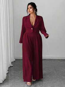 SHEIN PETITE CURVE Bộ đồ liền thân ống rộng 2 món, áo khoác blazer công sở thanh lịch tối giản dành cho nữ cỡ lớn và áo liền quần không tay thắt eo - Màu Đỏ Sâu - Xem 7