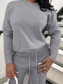 Alexandranx Bộ 2 áo thun dài tay trơn màu rộng rãi thoải mái cho nữ và quần ống rộng phối đồ - Màu xám đen - Xem 6