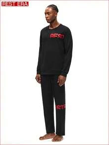 Rest Era Pajama Set, With Round Neck Long Sleeve Top Printed With Red "RFST" Text, And Black Long Pants With Red Letter Decoration, Simple Yet Style, Suitable For Casual Daily Or Home Wear - Black - View 5