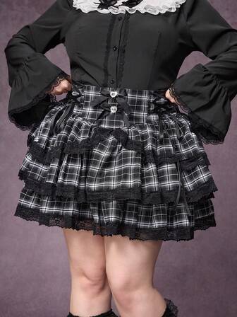 EDITION Karierter Schleifendekor Spitzen-Patchwork-Rock in Große Größen