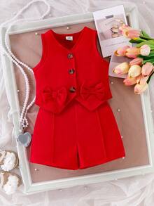 2pcs Baby Girls' Red Bow Button Vest & Shorts Set, Summer Children Fashion Commuter Style Outfit Toddler Girl Red Outfit - Red - View 6