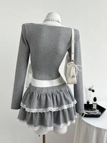 Elamini Bộ 2 món gồm áo tay dài cổ chữ V màu hồng, chất liệu dệt kim co giãn, viền ren và chân váy xòe bồng bềnh đính nơ, kiểu dáng nữ tính, thích hợp mặc ở nhà, dự tiệc Giáng sinh và Năm mới. - Màu Xám nhạt - Xem 2