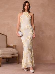 Enchnt 露背吊带3D立体花卉修身鱼尾长裙，优雅雪纺高端生日派对礼服 - 杏色 - 查看 8