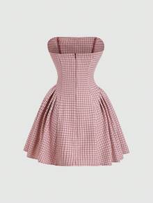 Sweetra Autumn/Winter New Vintage Sexy Slim Fit Bowknot Color Block Houndstooth Versatile Comfortable Casual Dress, Brown - Redwood - View 2