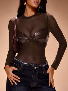 Radiana Women's Sexy Casual Street Burgundy Red PU Patchwork Sheer Mesh Bodysuit, Fashionable Transparent Long Sleeve Top - Brown - View 1