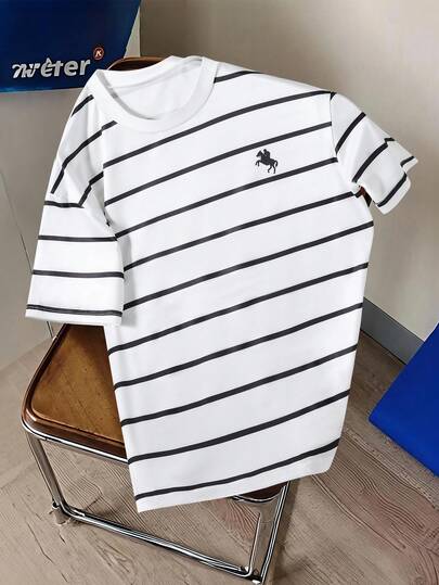 Mirajuku 1件青少年男童夏季休闲黑白条纹短袖T恤，经典配色，简约设计，宽松版型，百搭学生日常上衣