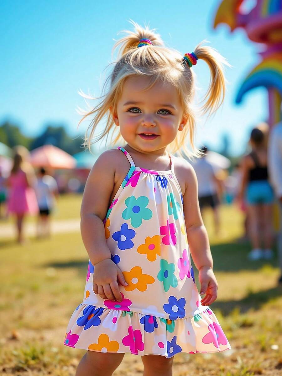 SHEIN Playful Pals 女婴休闲可爱碎花连衣裙,经典百搭夏季吊带裙,适合户外玩耍 - 彩色 - 查看 1