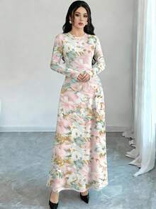 Al Najma Floral Digital Print Waist Cinched A-Line Dress, Khaki, Spring - Multicolor - View 5