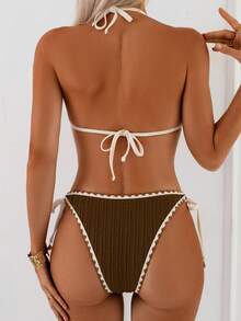 Swim Basics 2pcs/Set Women's Brown Bikini Set Textured Fabric Embroidered Trim Halter Tie Back Scalloped Bathing Suit,White,Summer,Boho,Pool Party,Holiday - Multicolor - View 7