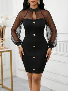 SHEIN Lady Women's Sheer Mesh Long Sleeve Mini Dress - Black - View 4