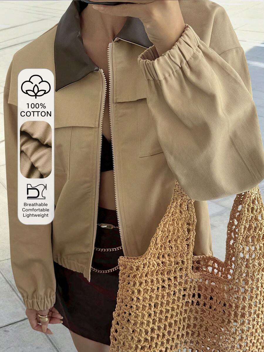 Livesso Women's Casual Patchwork Collar Jacket, Daily Wear, Winter - Khaki - View 1