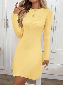 SHEIN LUNE Lässiges tailliertes A-Linien Aprikosen Pulloverkleid für Damen - Gelb - Übersicht 7