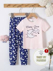 Bộ 2 món cho bé gái: Áo thun cổ tròn in hình tai trăng + Bộ đồ ngủ mềm mại, thoải mái, ôm sát, thích hợp cho mùa hè. - Nhiều màu - Xem 1