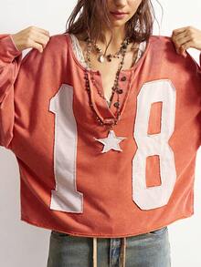 Bohemela 波西米亚风纯色针织半开襟卫衣，长袖，宽松版型，做旧刺绣数字设计，秋冬女款卫衣 - 橘色 - 查看 6