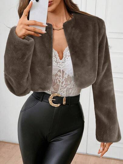 Reflora Abrigo de piel sintética para mujer de talla grande, elegante chaqueta corta y recortada de manga larga de piel sintética negra para mujer, otoño/invierno