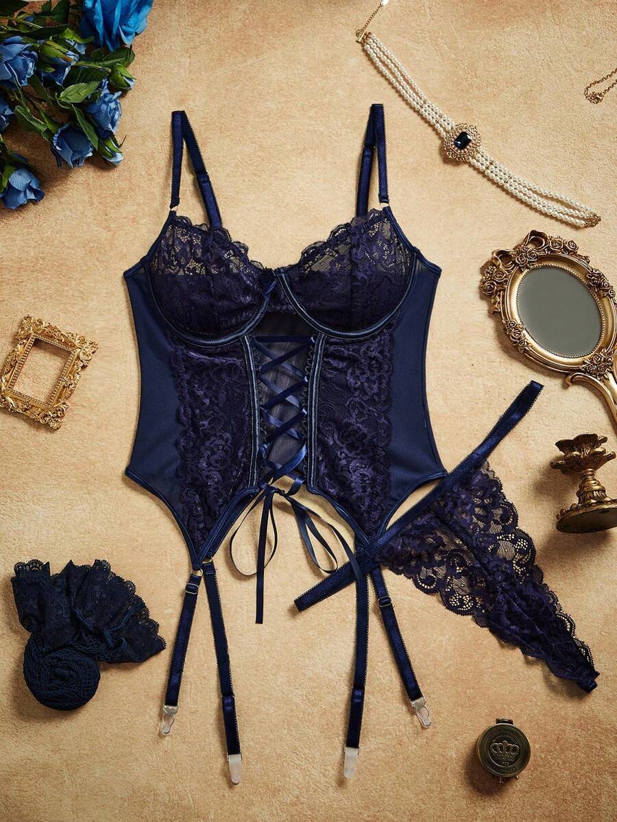 SHEIN 4pack Contrast Lace Mesh Lace Up Front Garter Underwire Corset Lingerie Set - Navy Blue - View 1