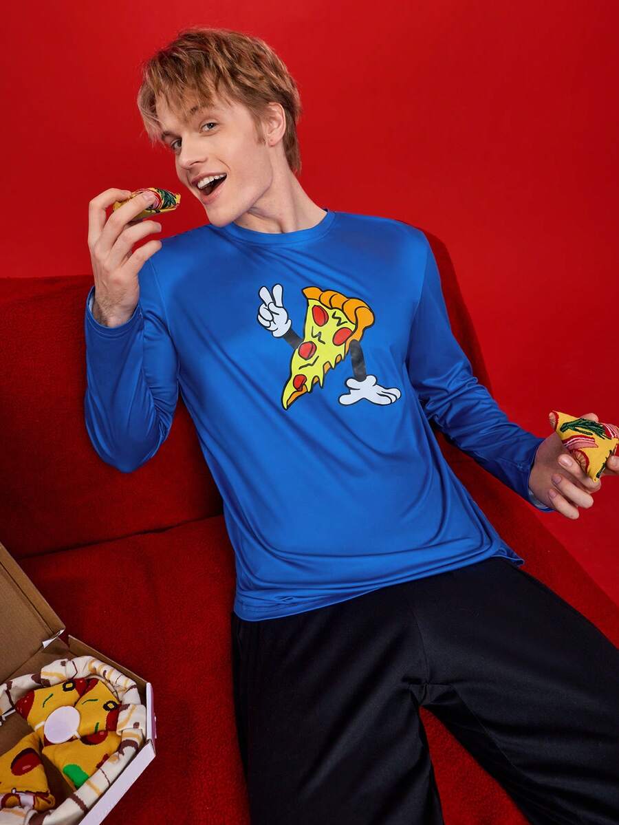 Notgurli Pizza Cartoon Print Crew Neck Men's Base Layer T-Shirt