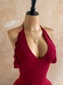 Soleia 新款休闲度假西部海滩婚礼宾客礼服毕业早午餐连衣裙，适合圣帕特里克节、春假、复活节、音乐节、优雅波西米亚热带浪漫情人节圣诞派对，荷叶边露背吊带长裙 - 酒紅色 - 查看 6