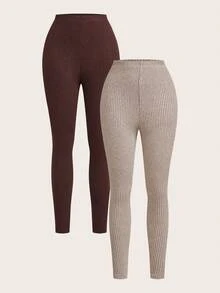 SHEIN PETITE Women's Solid Color Ribbed High Waist Skinny Pants - Brown - View 9