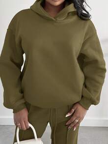 Alexandranx Summer Outfits Women's Simple Casual Solid Color Pullover Hooded Long Sleeve Hoodie Without Drawstring Oversize In Fall/Winter - Army Green - View 3