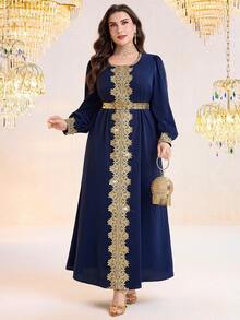 Al Najma Plus Size Elegant Patchwork Water-Soluble Lace Lantern Sleeve Dress - Navy Blue - View 7