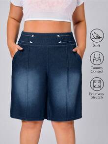 Flexra Pantalones cortos de mezclilla casuales de unicolor talla grande - Azul lavado medio - Ver 1