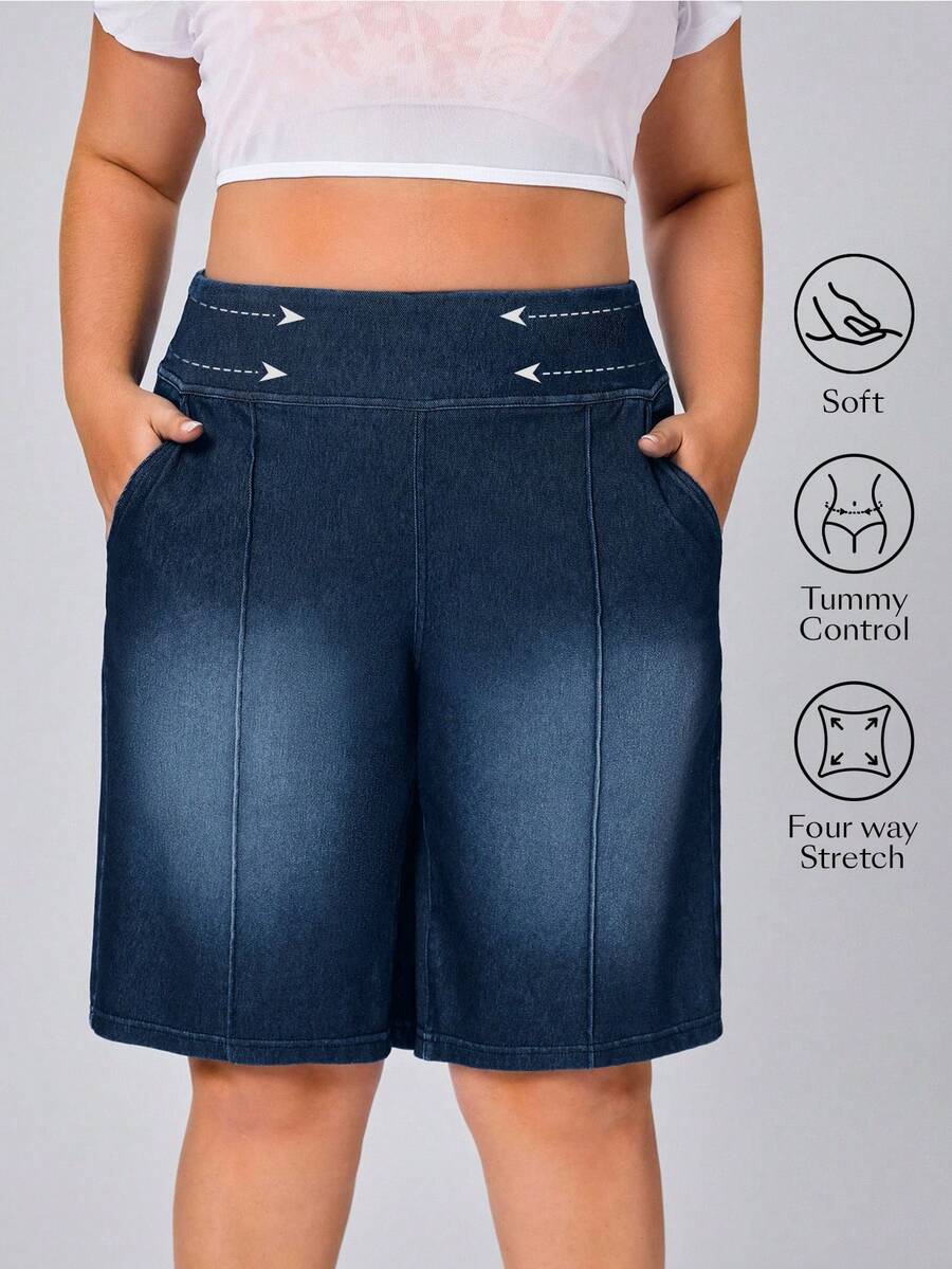 Flexra Pantalones cortos de mezclilla casuales de unicolor talla grande - Azul lavado medio - Ver 1