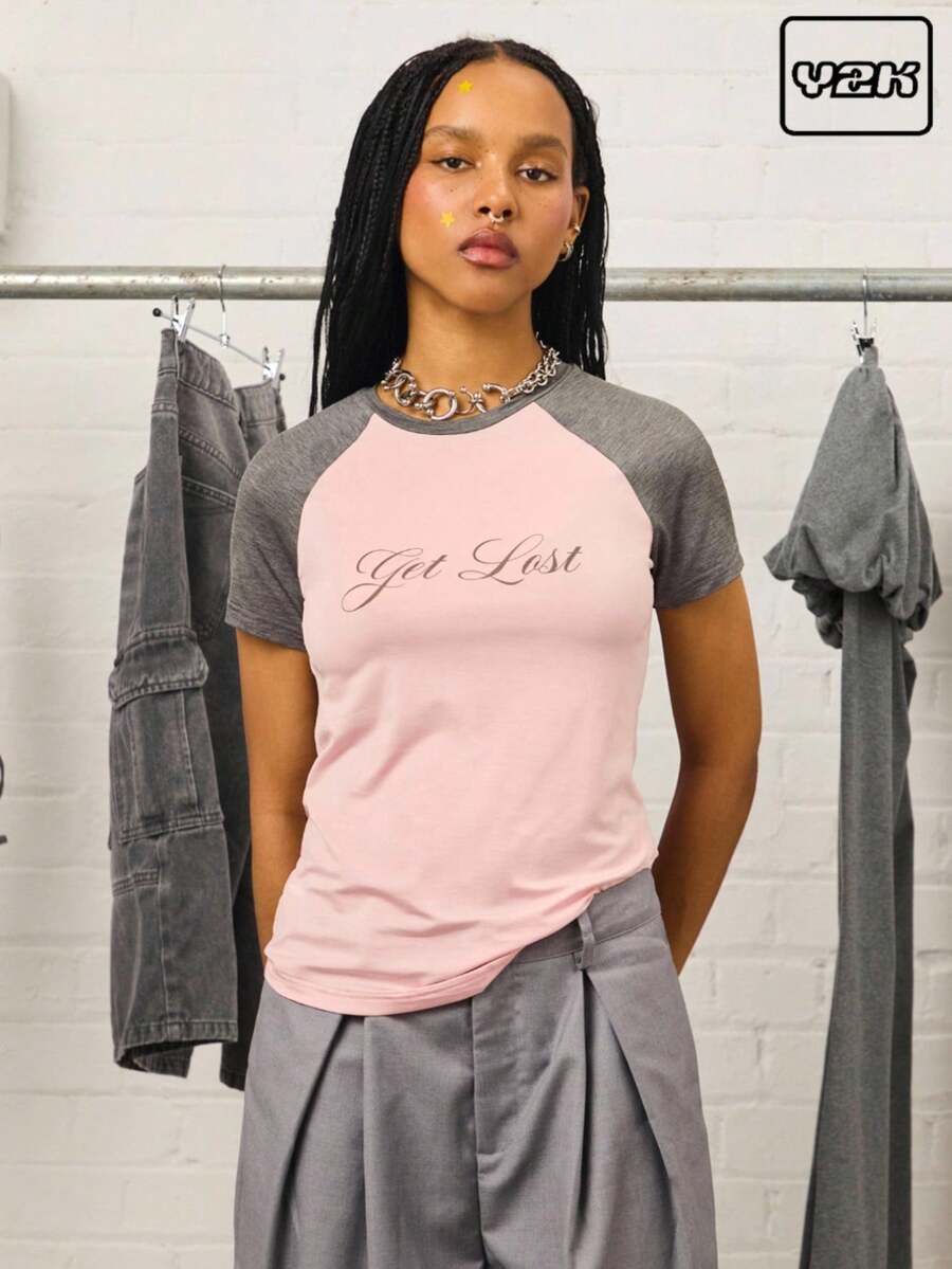COUREZ Get Lost Print Short Sleeve Raglan T-Shirt /Y2K  Women Clothes  Clothes Cute Tops Going Out Outfits Graphic Tees - Pink - View 1