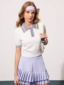 女士弹力 Polo 衫，针织网球 Polo 衫，休闲风格 - 白色 - 查看 4