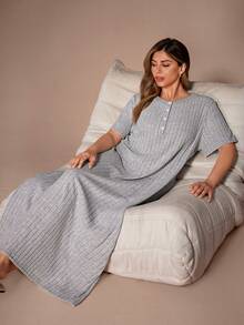 Lazeform Đầm ôm sát tay ngắn màu trơn, cổ tròn, cài cúc, dáng suông, cỡ lớn, kiểu dáng thanh lịch, tôn dáng. - Xám - Xem 6