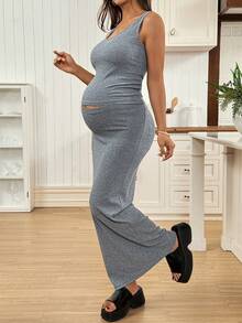 SHEIN Maternity Tank Top Paired With Adjustable Waist Slit Skirt, Solid Color Fitted 2 Pieces Set World Cup - Grey - View 3